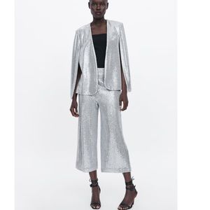 NWT Zara silver sequin cape & culottes co ord set